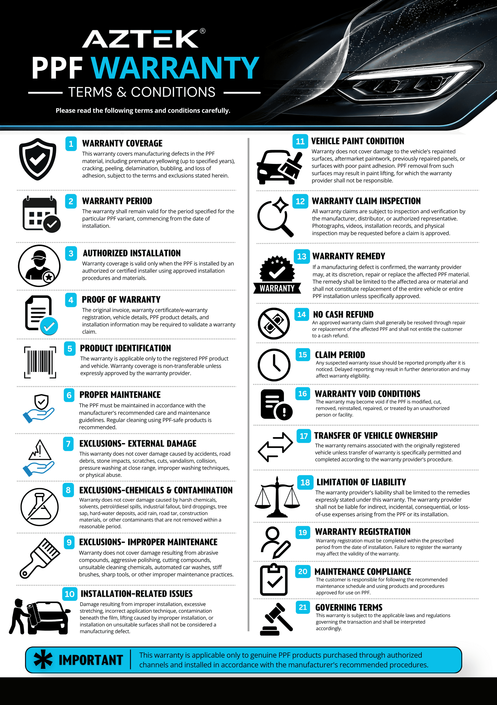 AZTEK PPF Warranty Terms & Conditions flyer listing 21 numbered clauses: warranty coverage, warranty period, authorized installation, proof of warranty, product identification, proper maintenance, exclusions for external damage, chemicals and contamination, and improper maintenance, installation-related issues, vehicle paint condition, warranty claim inspection, warranty remedy, no cash refund, claim period, warranty void conditions, transfer of vehicle ownership, limitation of liability, warranty registration, maintenance compliance, and governing terms — with an important note that the warranty applies only to genuine PPF products purchased through authorized channels and installed according to the manufacturer's recommended procedures.