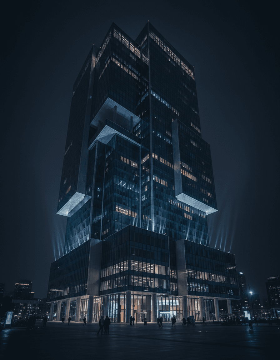Modern glass office tower illuminated at night