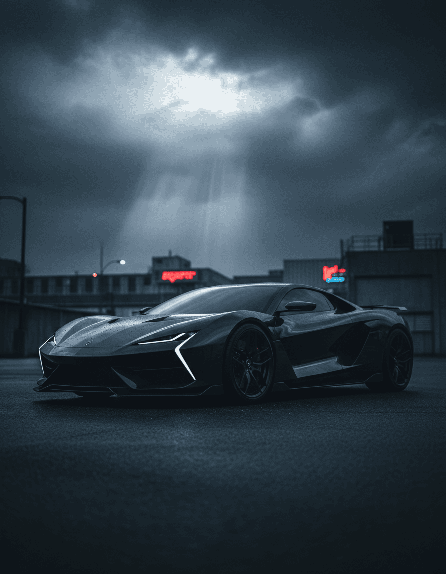 Black sports car under a dramatic night sky