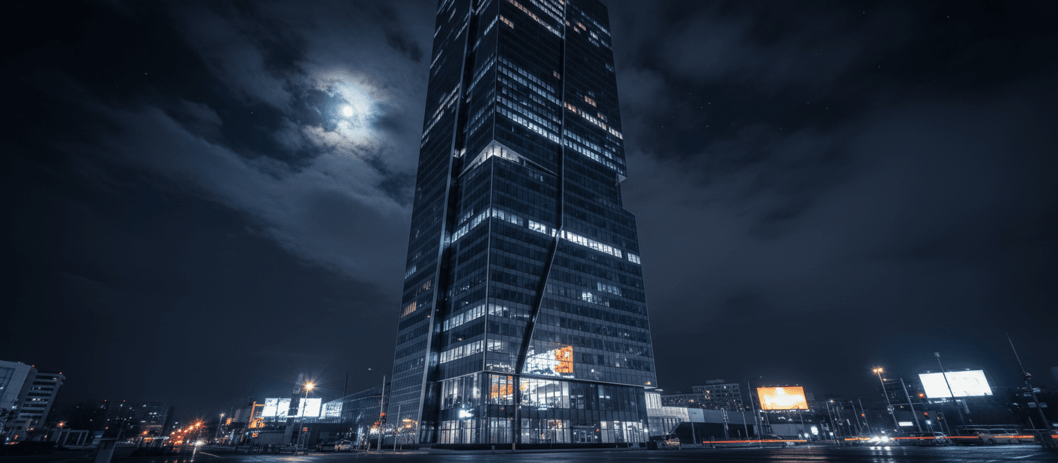 Illuminated glass office tower at night