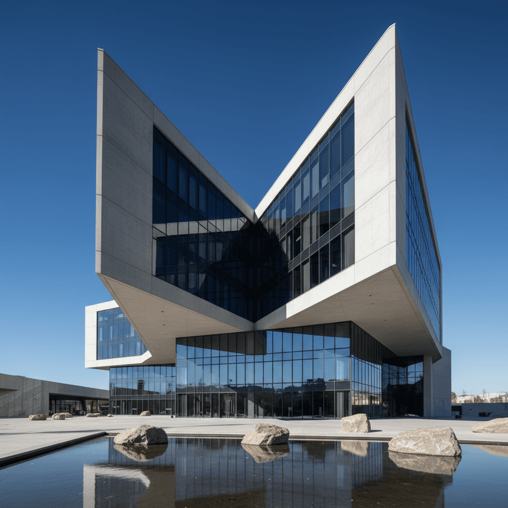 Modern glass office building with angular architecture
