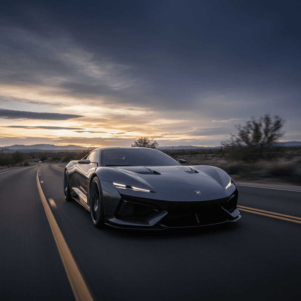 Sports car driving on a desert road at sunset