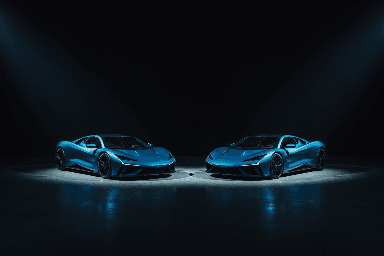 Two blue sports cars on display in a dark studio
